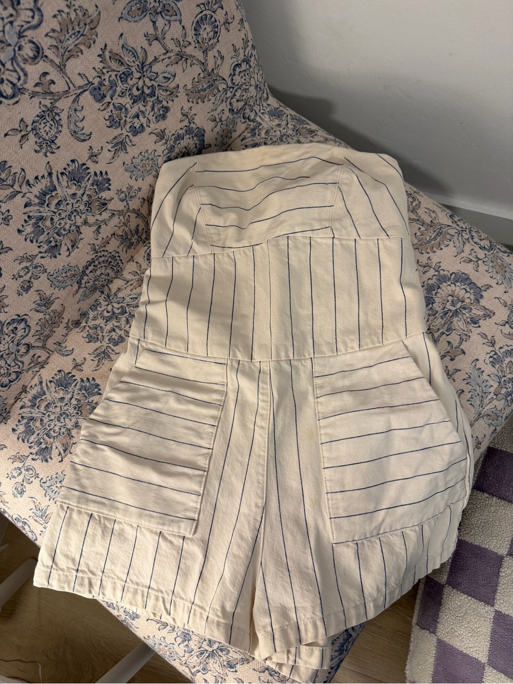 Zara Cream Strapless Pinstripe Romper with Blue Stripes